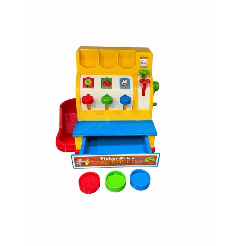 Retro 2015 Fisher Price Cash Register with 3 Coins Working Bell & Drawer Tested